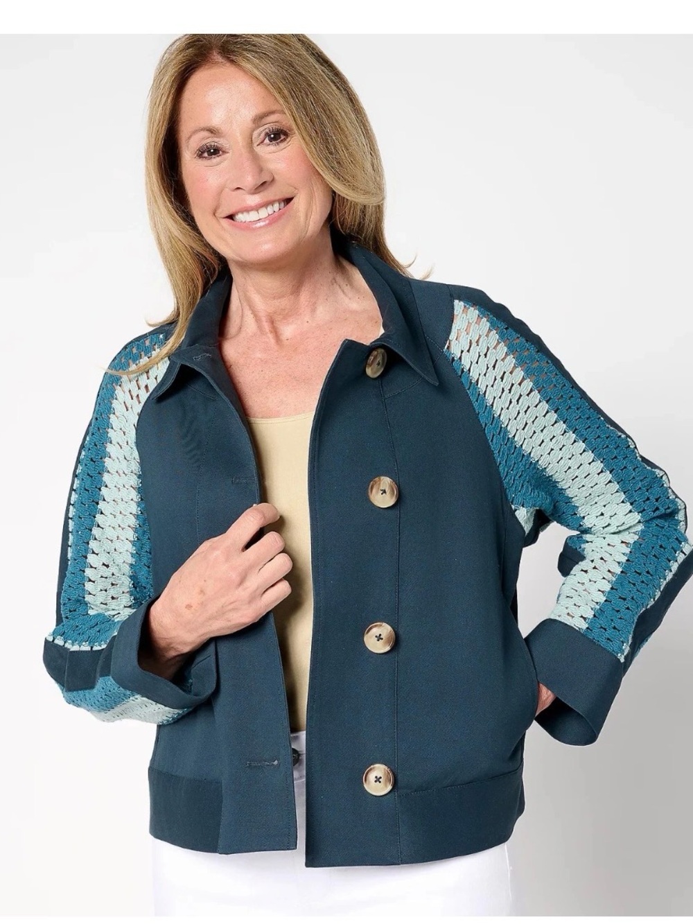 New LOGO Navy Twill Jacket with Crochet Sleeves size 1X big buttons pockets read